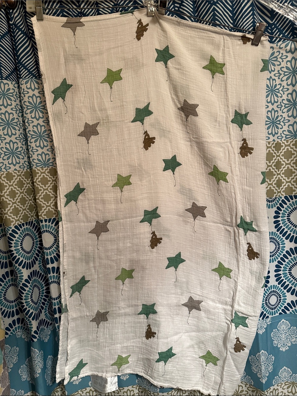 Source Unknown White Muslin Swaddle with Green, Gray Stars & baby elephants